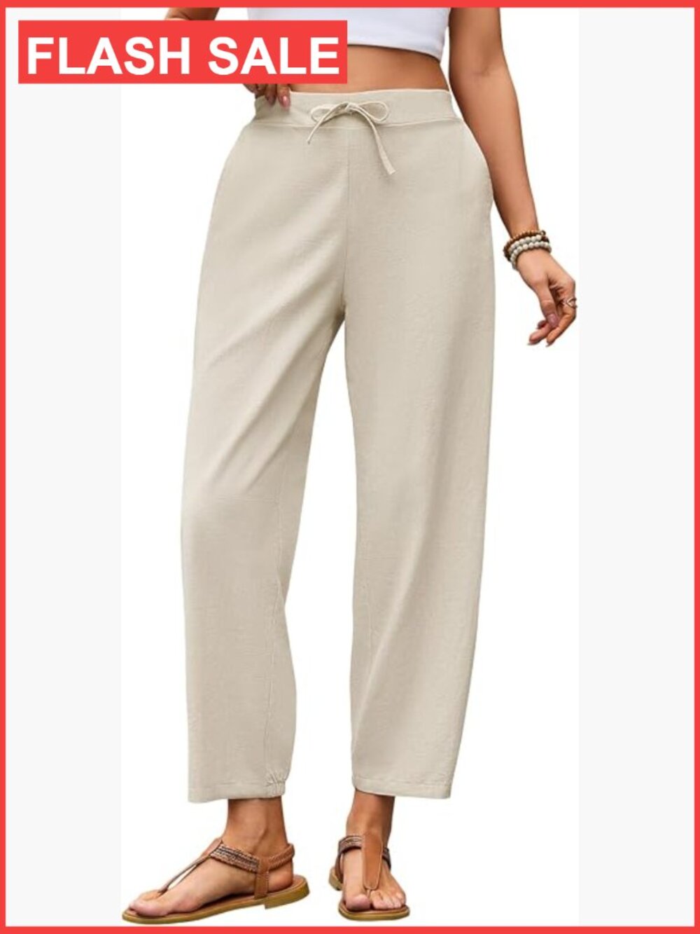 Women's Linen Capri Pants Tapered Leg Drawstring Elastic Waist Casual Beach